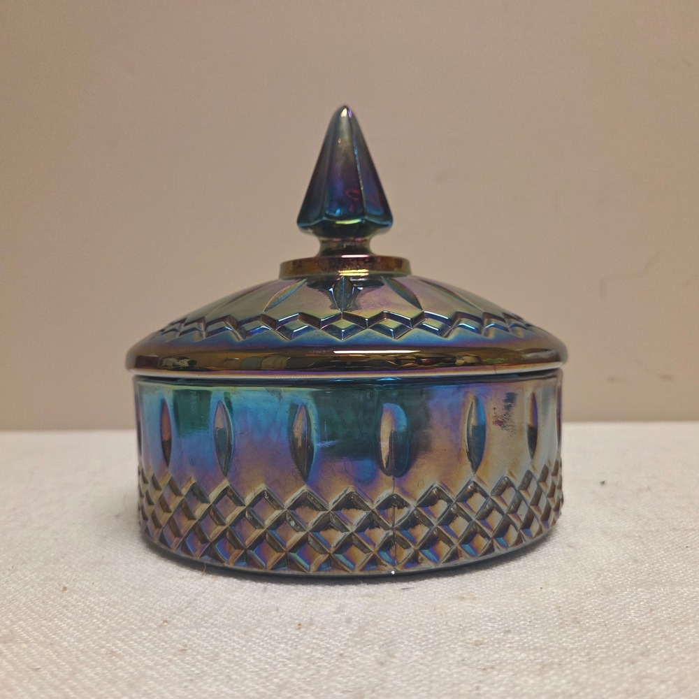 Vintage Blue Carnival Glass Trinket Dish with Lid Iridescent Oil Slick Jar